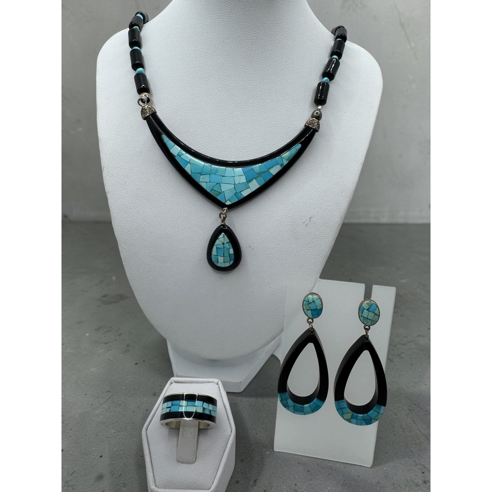 Jay King DTR Sterling Silver Turquoise Mosaic Black Onyx Necklace Earrings Ring